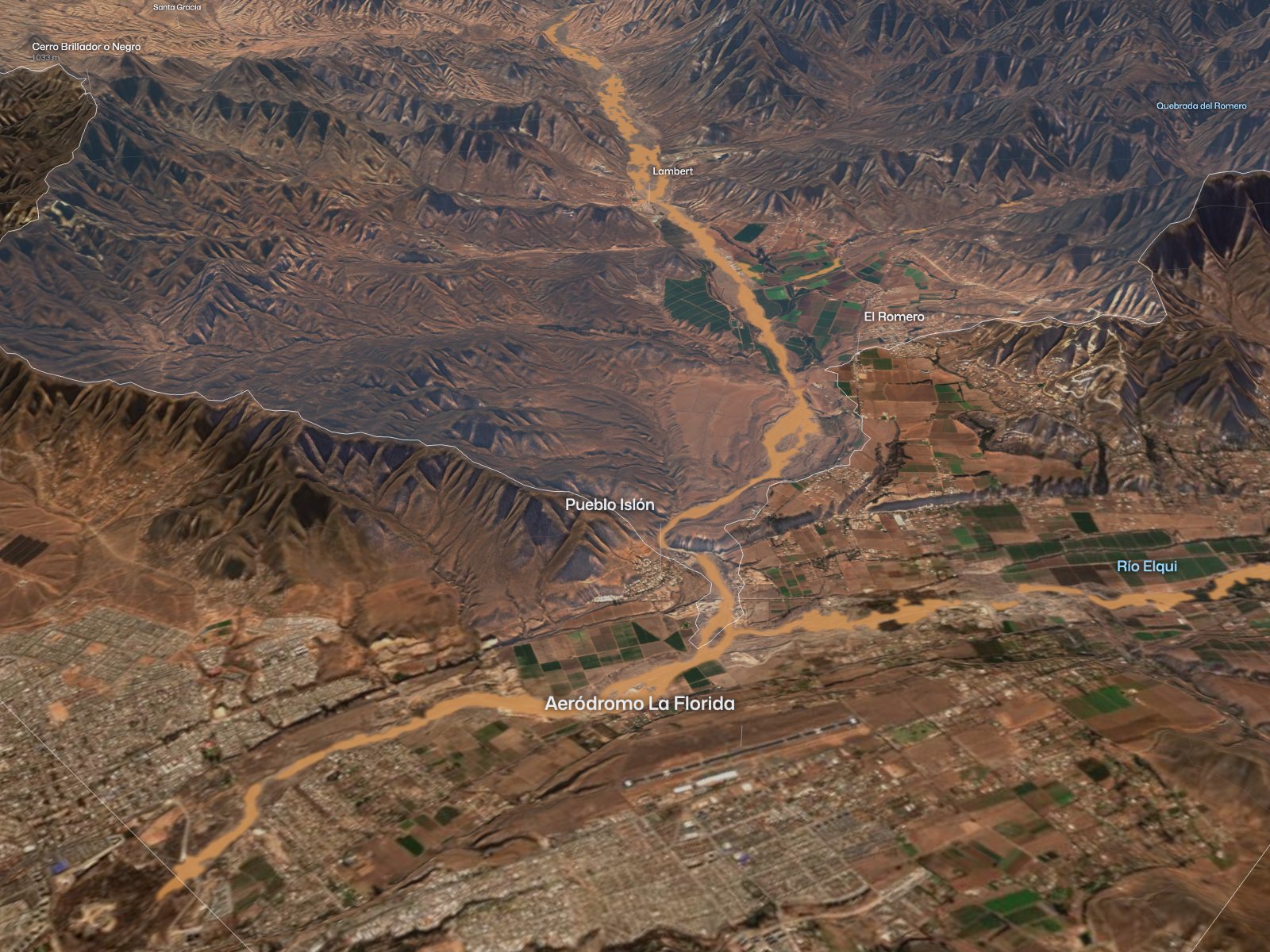 La maqueta sobre Pueblo Islón con el sedimento nuevo estimado en naranjo a lo largo de la quebrada y del Elqui.