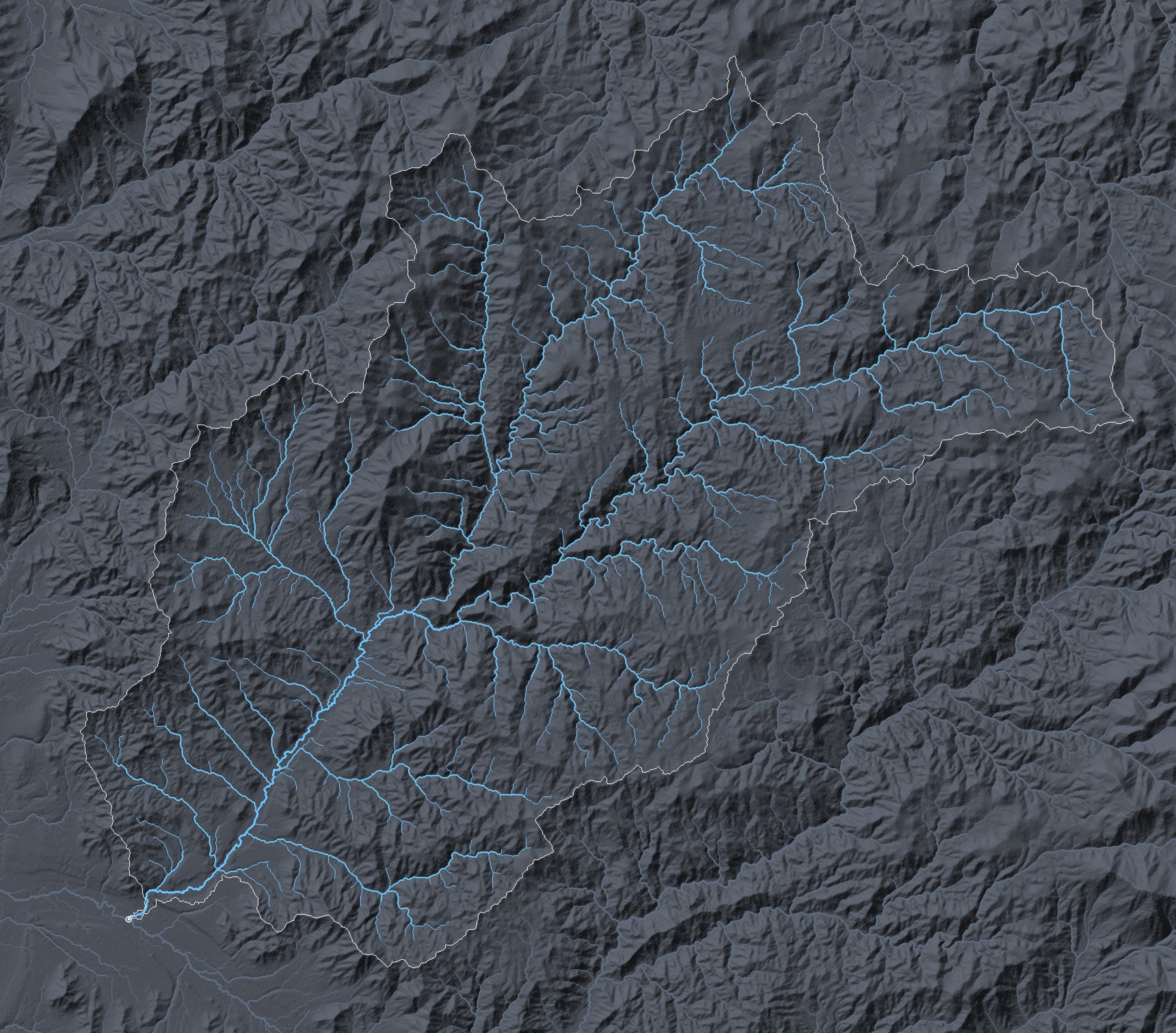 La cuenca de la quebrada Santa Gracia con su red de cauces en celeste y el borde en blanco, que termina en Pueblo Islón.