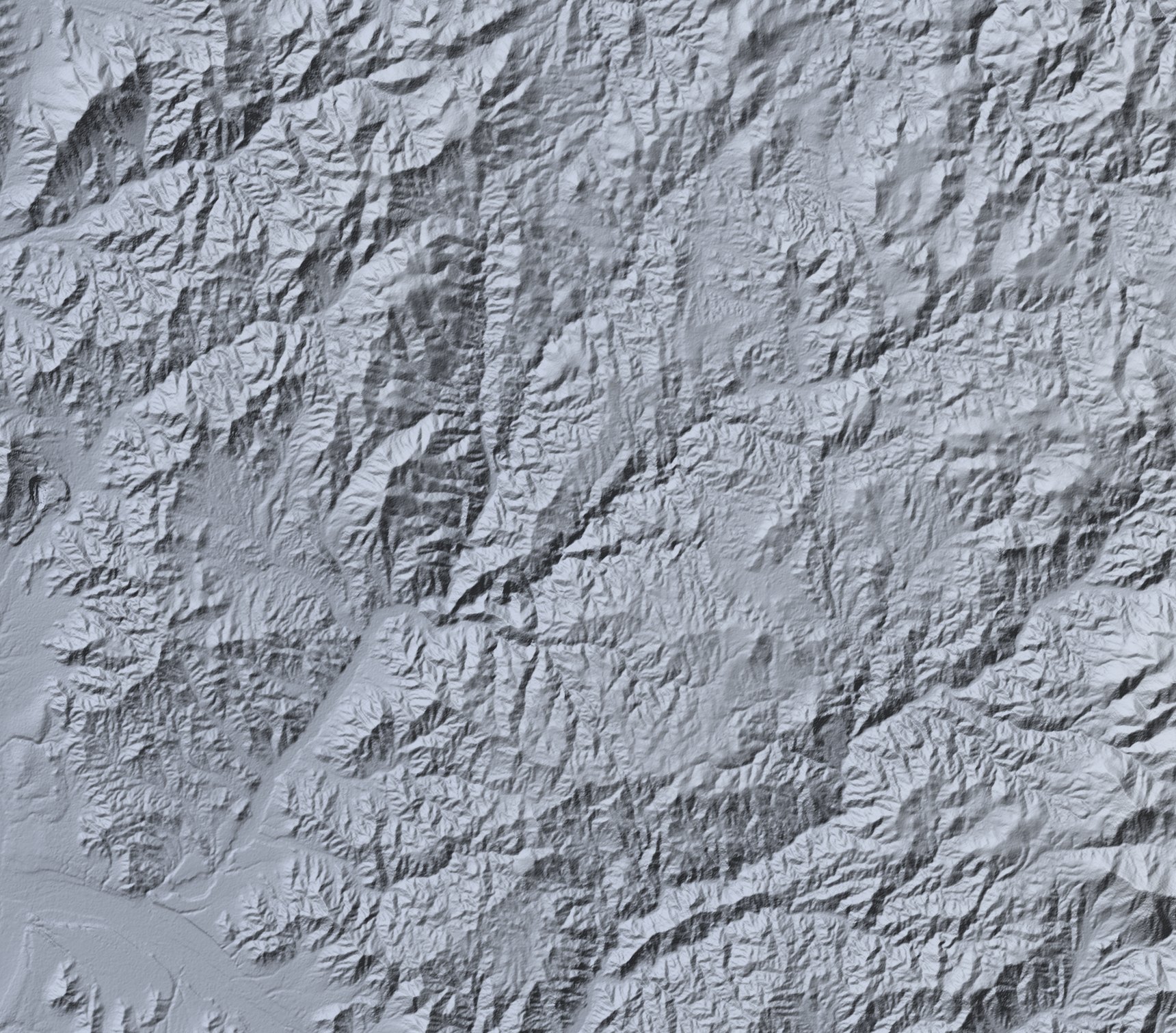 Relieve sombreado de 57 por 50 km alrededor de la quebrada Santa Gracia.